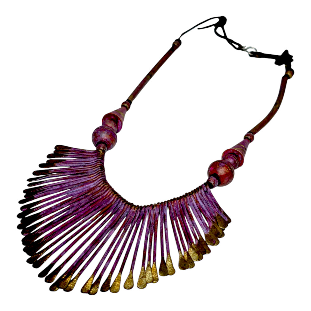 Artisan Purple and Gold Statement Bib Necklace 13in Fan‎ Spindle Boho Collar